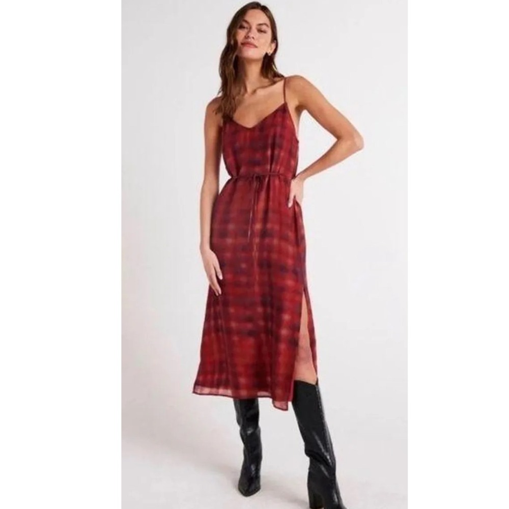 Bella Dahl V-Neck Tencel Plaid Slip Midi Dress in Burgundy Red | Size Small